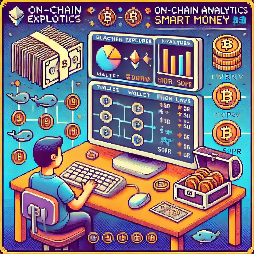 What the Heck is On-Chain Analytics and Why Should I Care? 3 Pixel art blockchain explorer showing wallet addresses, token flows, and highlighted Smart Money whales for on-chain analytics in crypto trading.